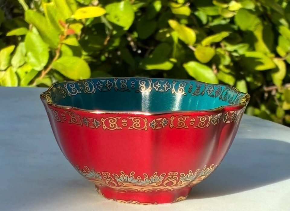 Red, Teal & Gold Handmade Porcelain Jianzhan Teacup
