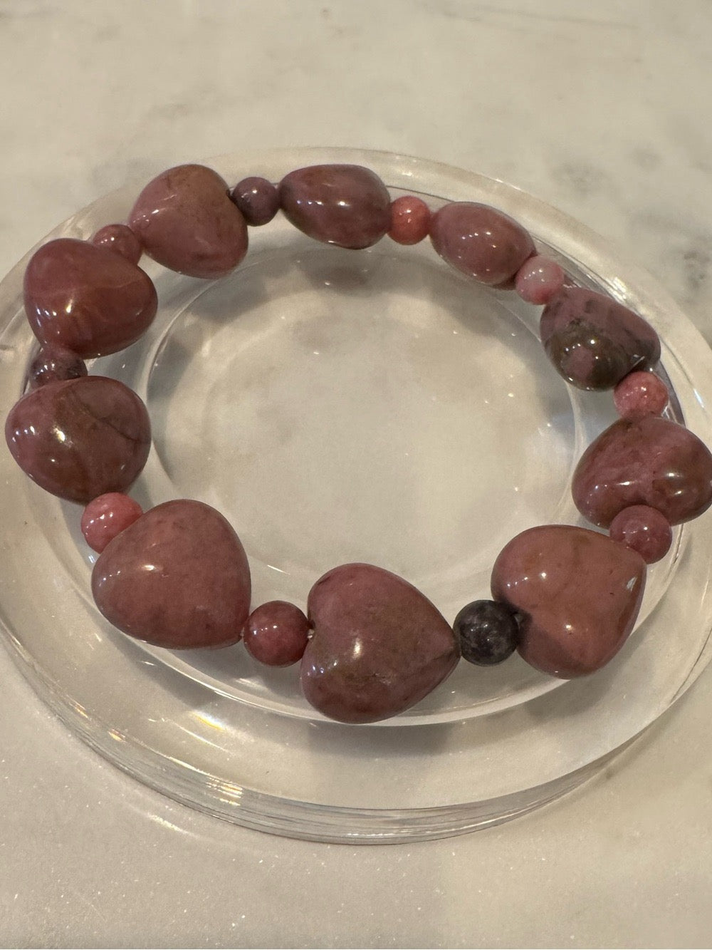 Heart Beaded Black Matrix Rhodonite Stretchy Bracelet (Russia)