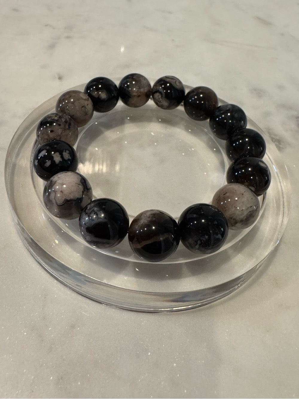 Black Flower Agate Stretchy Bracelet