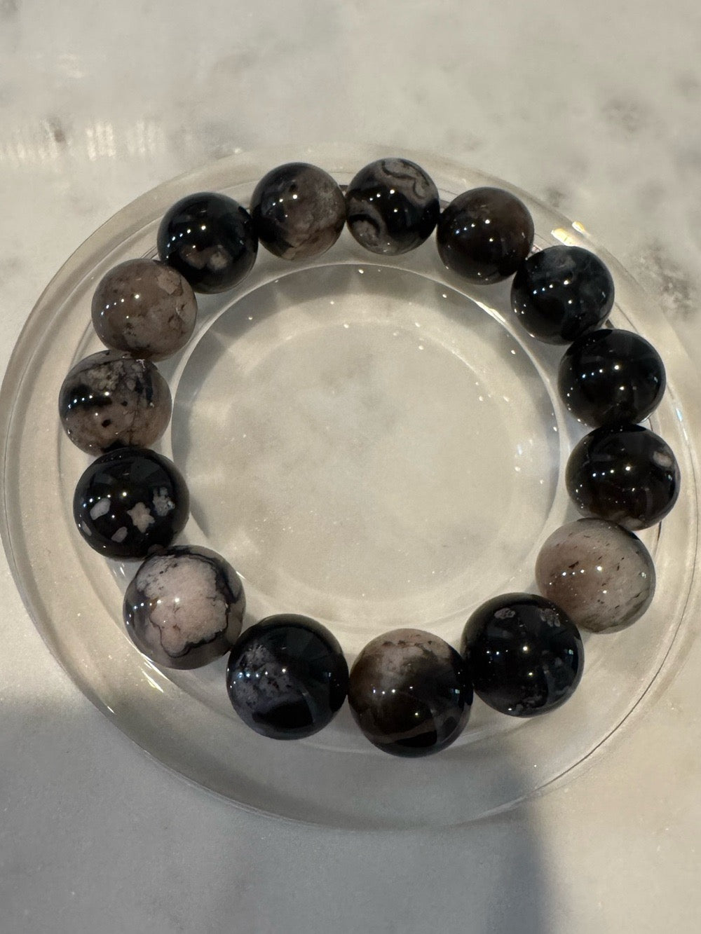 Black Flower Agate Stretchy Bracelet