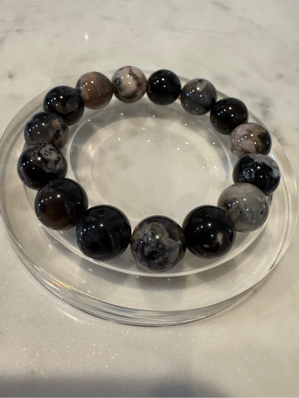 Black Flower Agate Stretchy Bracelet