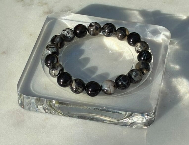 Natural Black Flower Agate Bracelet