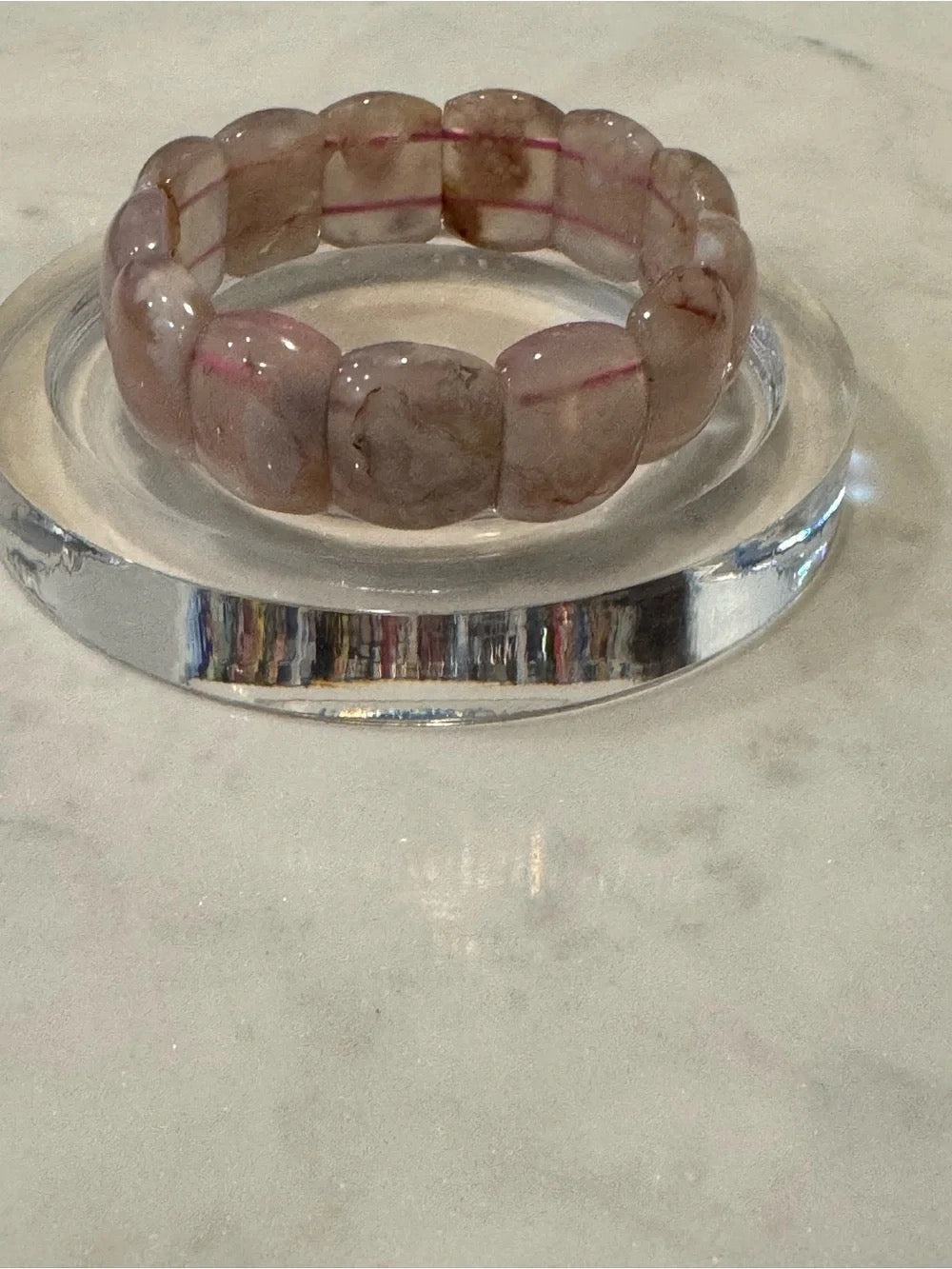 Pink Flower Agate Stretch Bangle - Natural Blossom Sakura Crystal