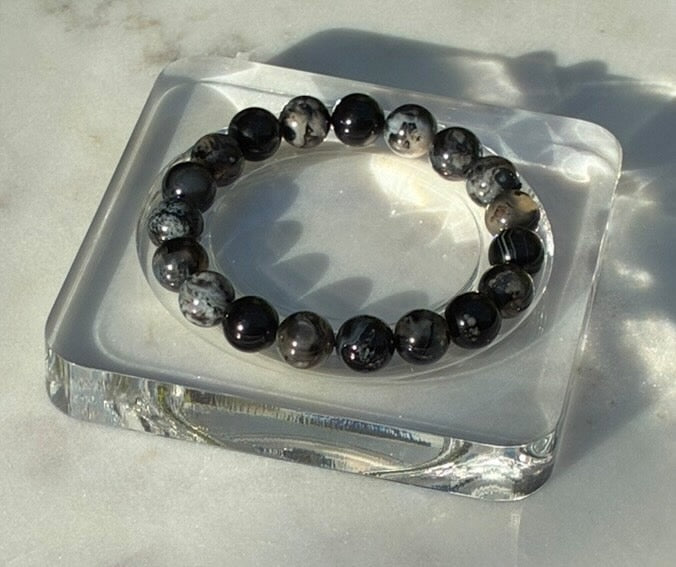 Natural Black Flower Agate Bracelet