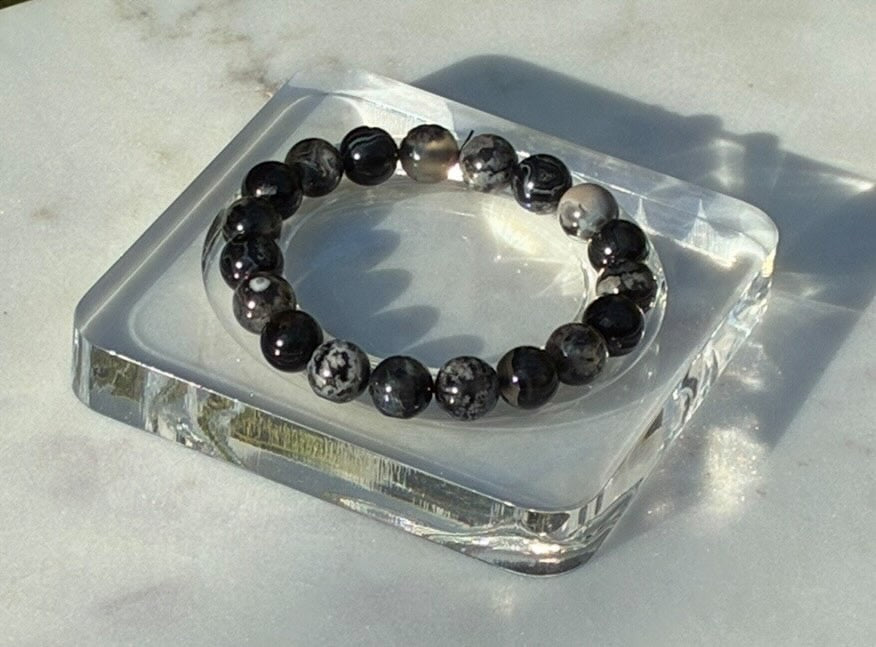 Natural Black Flower Agate Bracelet