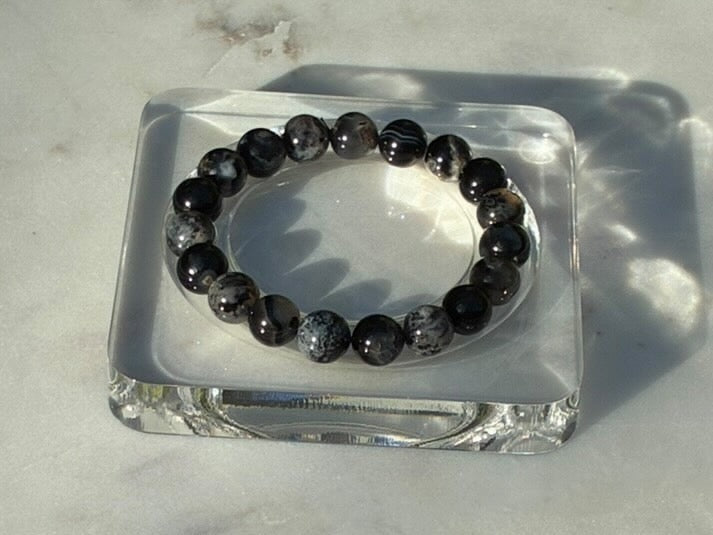 Natural Black Flower Agate Bracelet