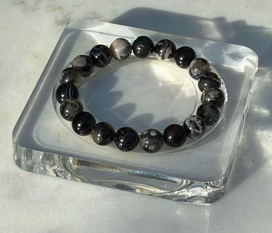 Natural Black Flower Agate Bracelet
