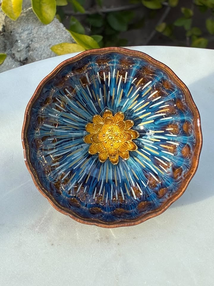 Blue & Brown With Golden Flower Handmade Porcelain Jianzhan Teacup