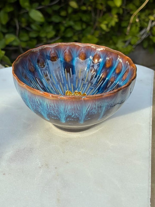Blue & Brown With Golden Flower Handmade Porcelain Jianzhan Teacup