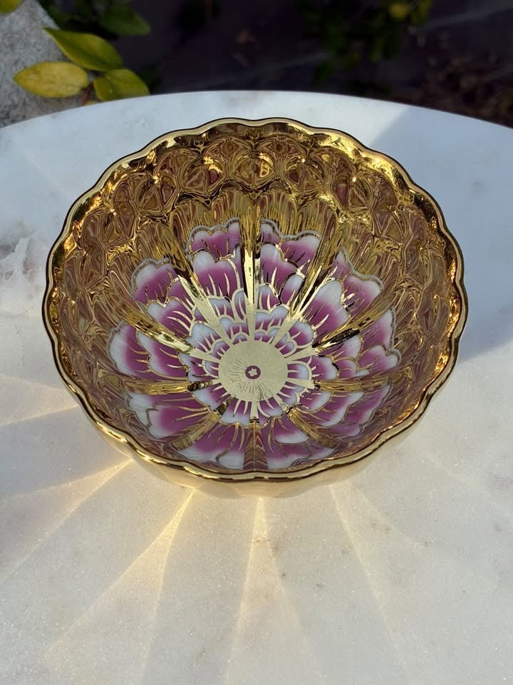 Gold with Pink & White Lotus Flower Handmade Porcelain Jianzhan Teacup
