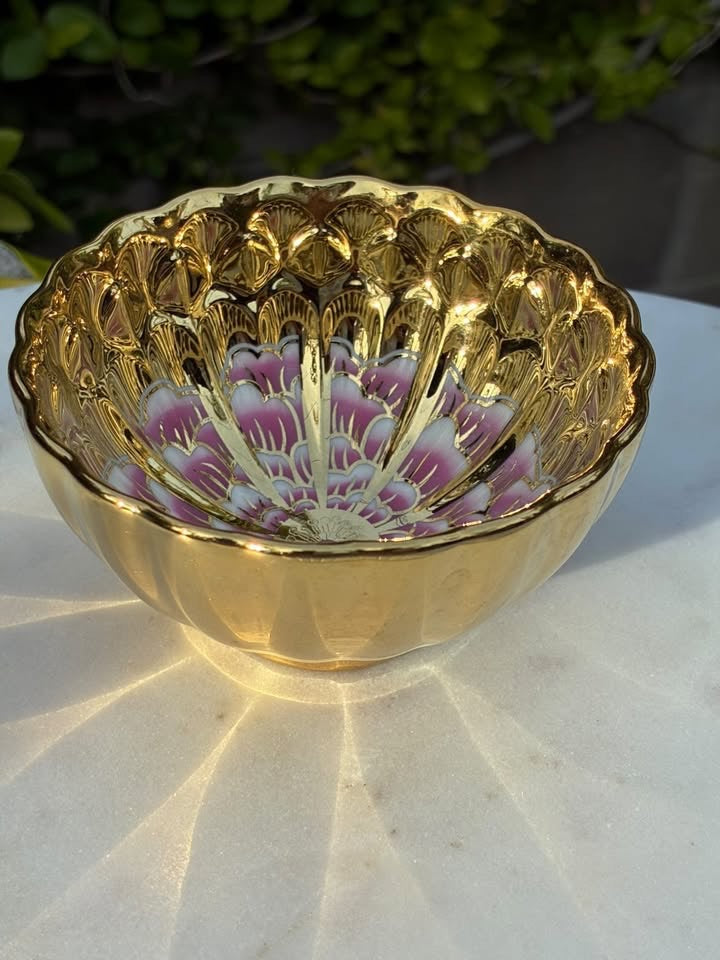 Gold with Pink & White Lotus Flower Handmade Porcelain Jianzhan Teacup