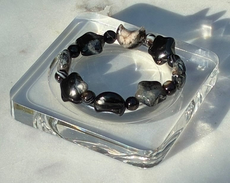 Natural Black Sukura Agate Celestial Bracelet