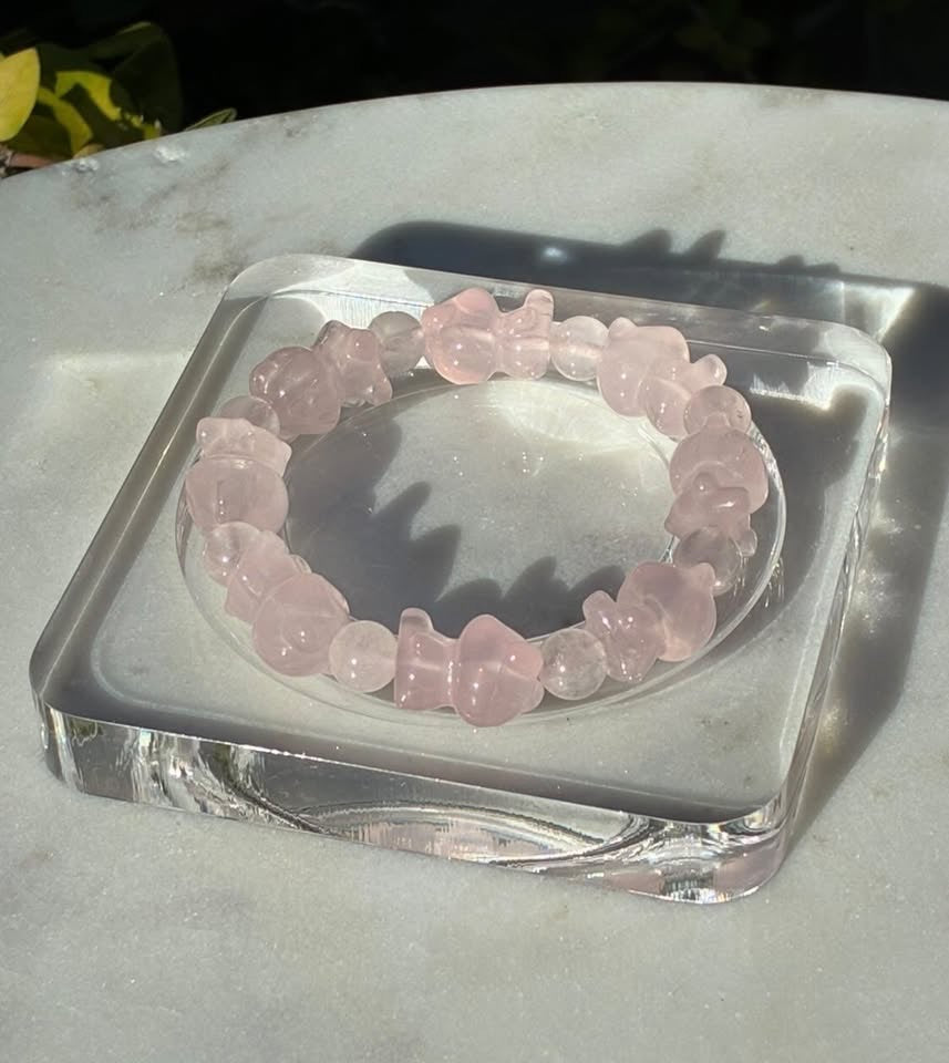 Rose Quartz Hand-Carved Teddy Bear Bracelet