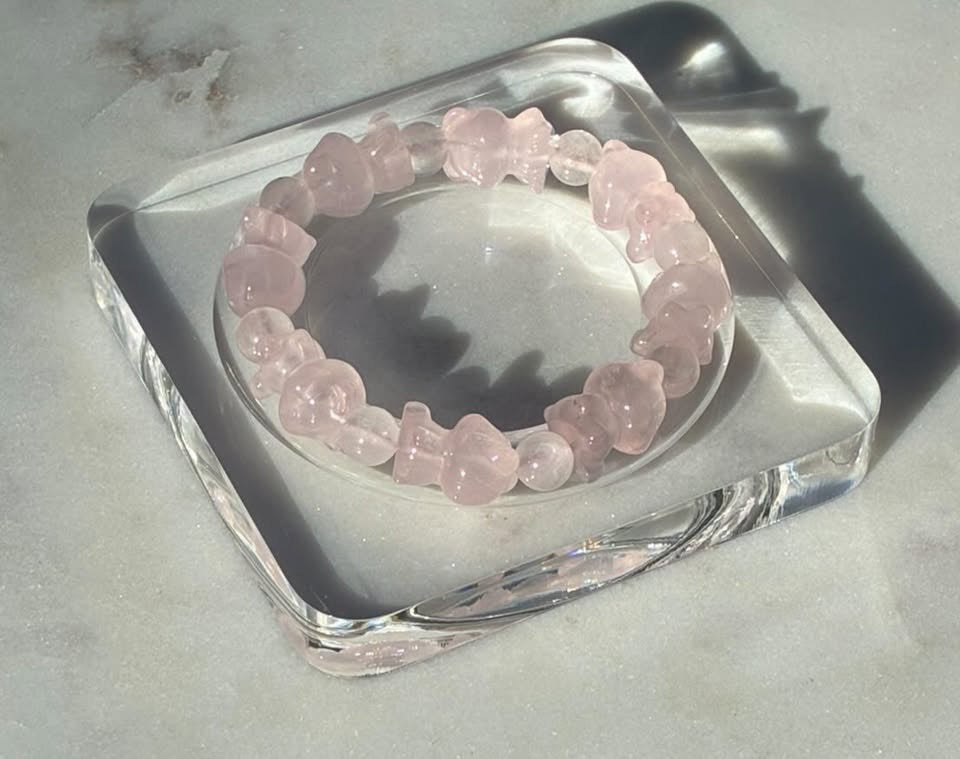 Rose Quartz Hand-Carved Teddy Bear Bracelet
