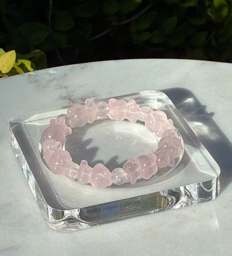 Rose Quartz Hand-Carved Teddy Bear Bracelet