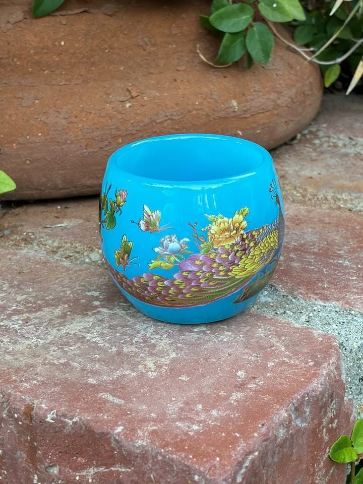 Blue Handmade Porcelain Jianzhan Teacup With Peacock