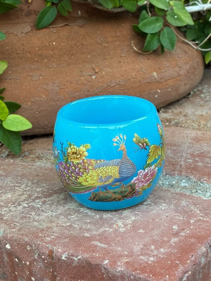 Blue Handmade Porcelain Jianzhan Teacup With Peacock