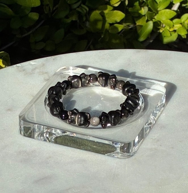 Natural Silver Obsidian Hand-Carved Teddy Bear Bracelet