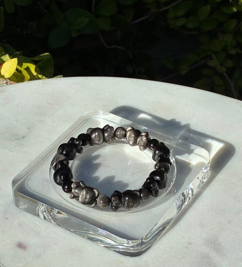 Natural Silver Obsidian Hand-Carved Teddy Bear Bracelet