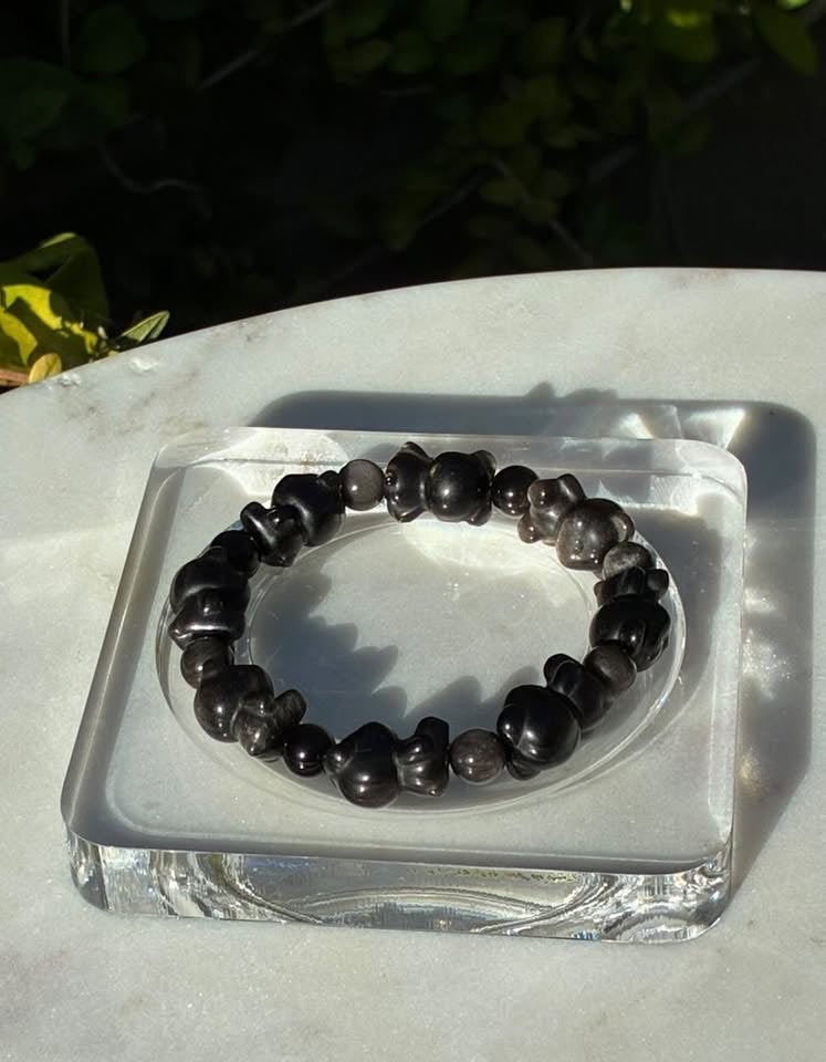Natural Silver Obsidian Hand-Carved Teddy Bear Bracelet