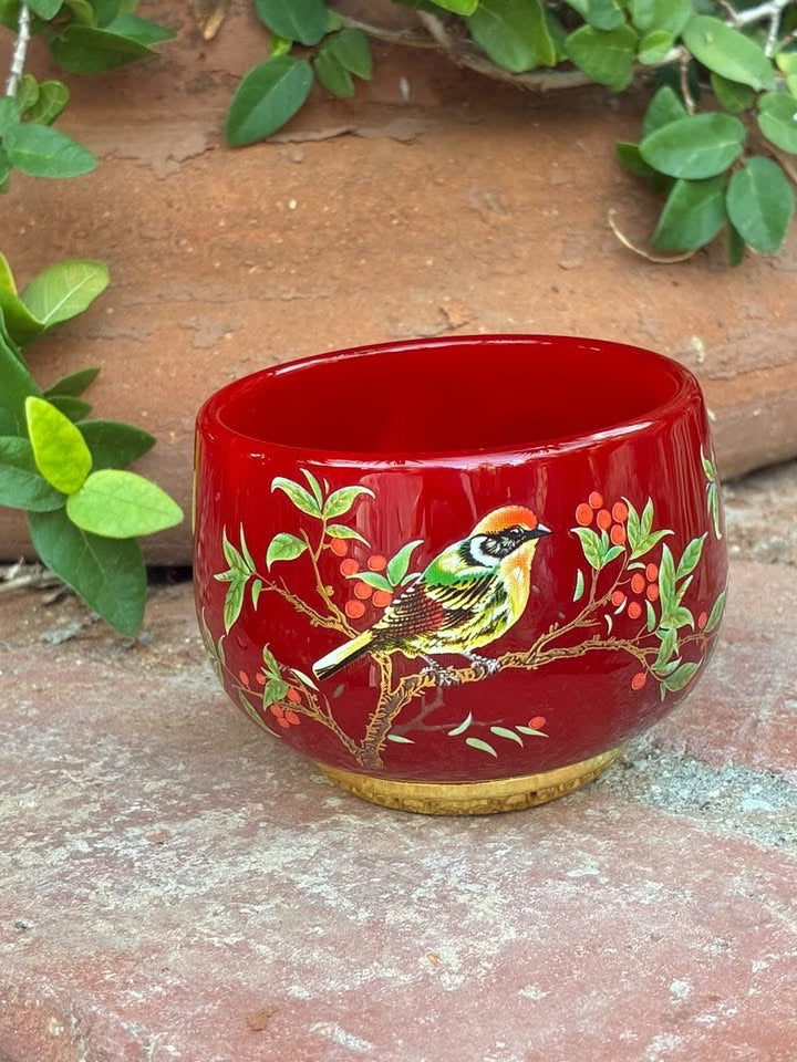 Red Handmade Porcelain Jianzhan Teacup With Bird