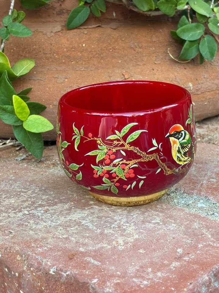 Red Handmade Porcelain Jianzhan Teacup With Bird