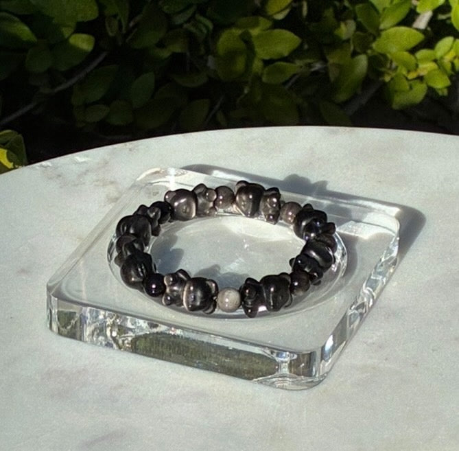 Natural Silver Obsidian Hand-Carved Teddy Bear Bracelet