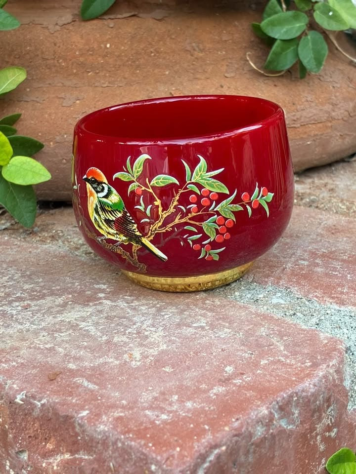 Red Handmade Porcelain Jianzhan Teacup With Bird