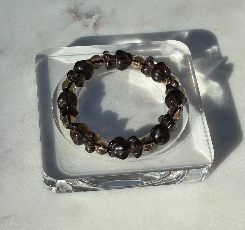 Natural Icy Obsidian Hand-Carved Teddy Bear Bracelet