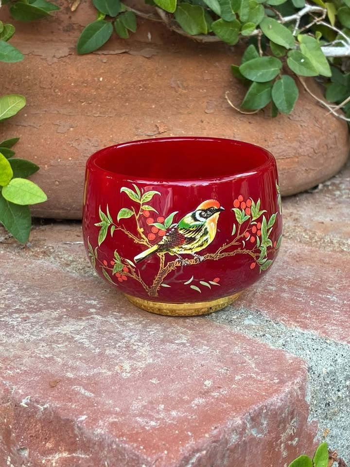 Red Handmade Porcelain Jianzhan Teacup With Bird