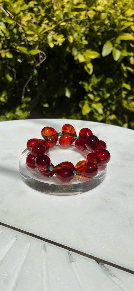 Blood Amber Hearts With Turquoise Bracelet