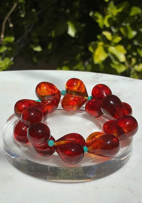 Blood Amber Hearts With Turquoise Bracelet
