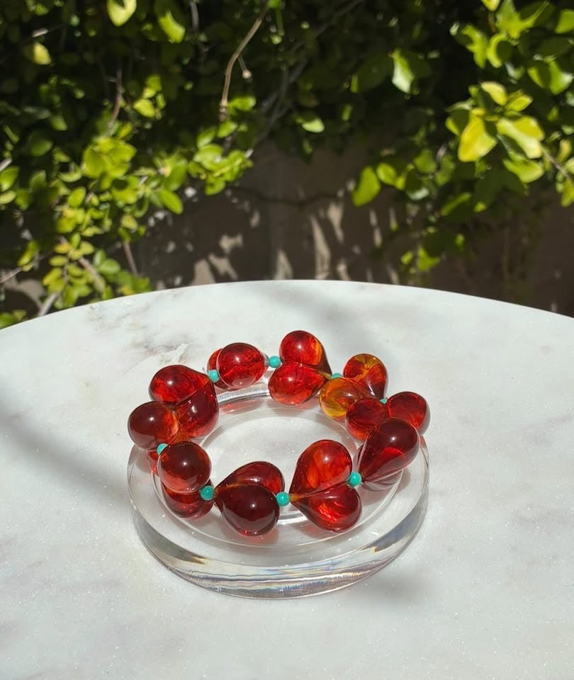 Blood Amber Hearts With Turquoise Bracelet