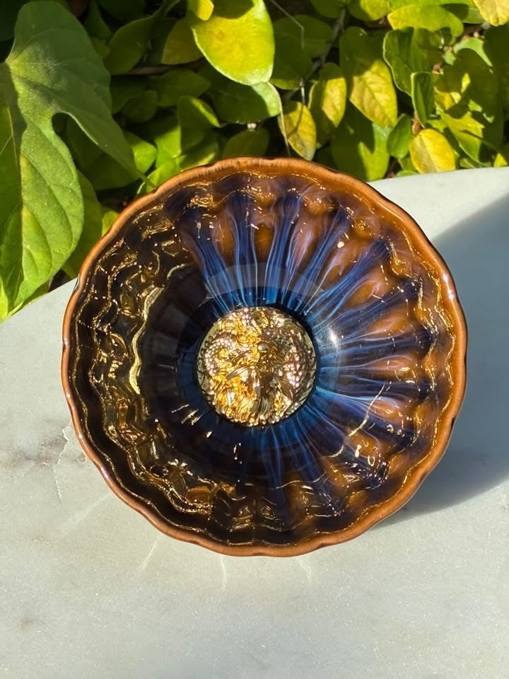 Blue & Brown With Golden Flower Handmade Porcelain Jianzhan Teacup